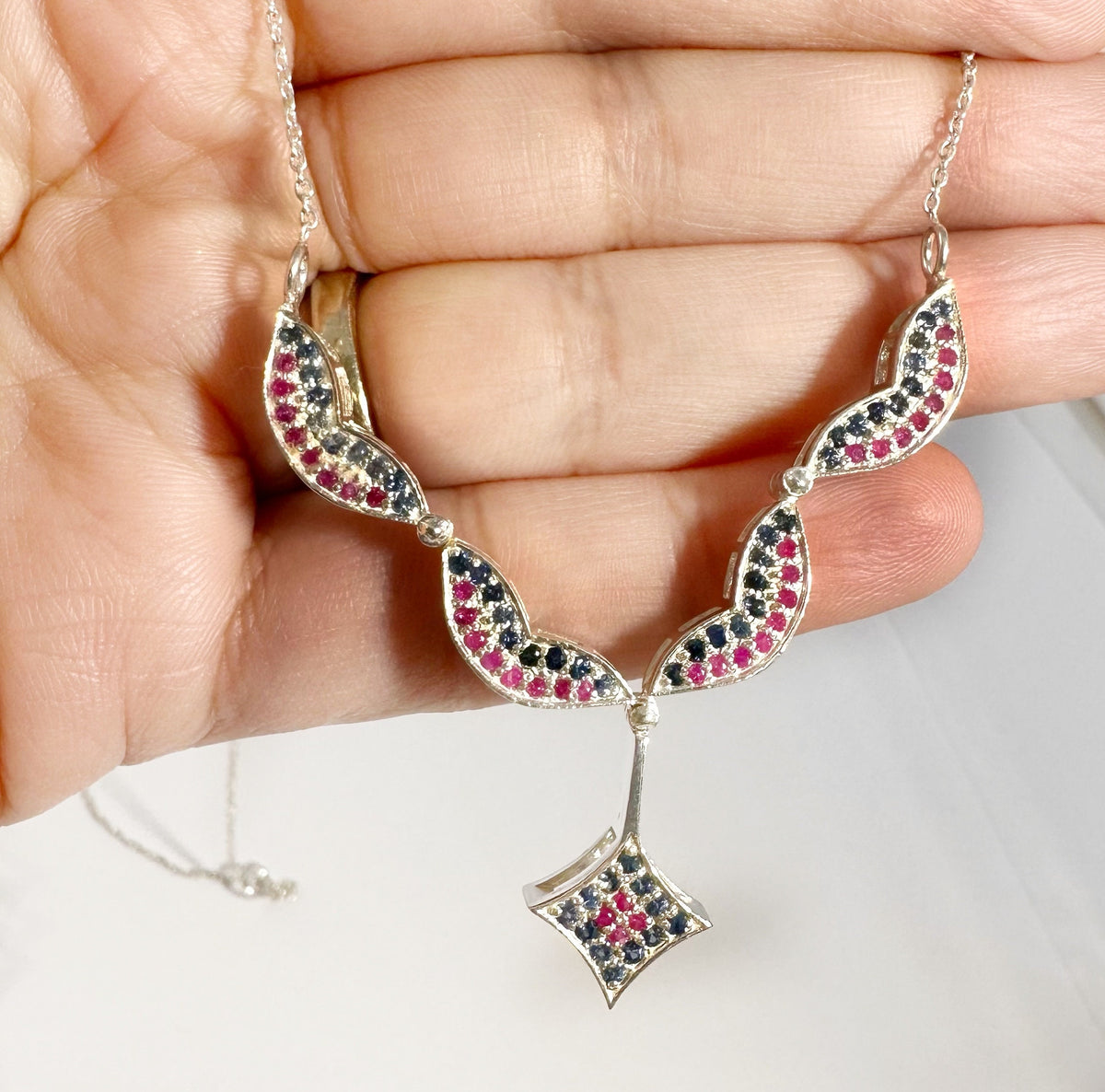 2 in 1 Unique Ruby and Blue Sapphire Silver 925 Pendant cum Necklace - Ruby & Sapphire Pendant - Ruby and Sapphire Necklace w Chain