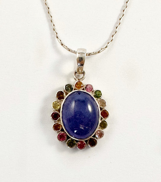 Solid 925 Silver Tanzanite and Multi-Tourmaline Pendant - Tanzanite Pendant - Tanzanite Necklace - Tourmaline Pendant - Tourmaline Necklace