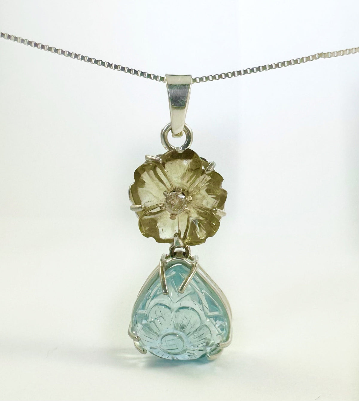 Solid 925 Silver Carved Aquamarine, Lemon Topaz and Natural Diamond Pendant - Aquamarine and Diamond Pendant - Carved Aquamarine Necklace