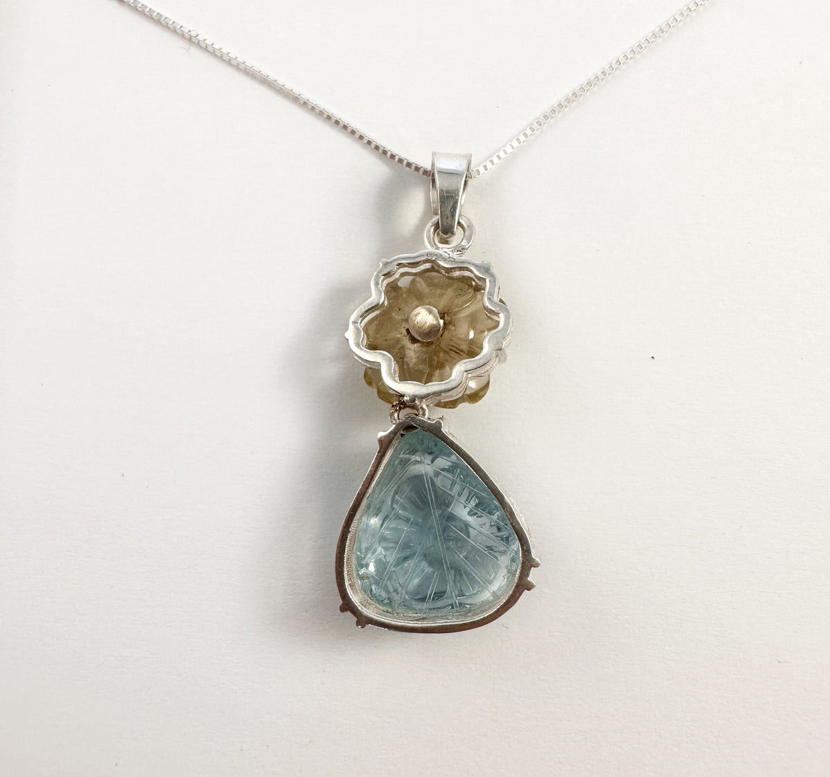 Solid 925 Silver Carved Aquamarine, Lemon Topaz and Natural Diamond Pendant - Aquamarine and Diamond Pendant - Carved Aquamarine Necklace