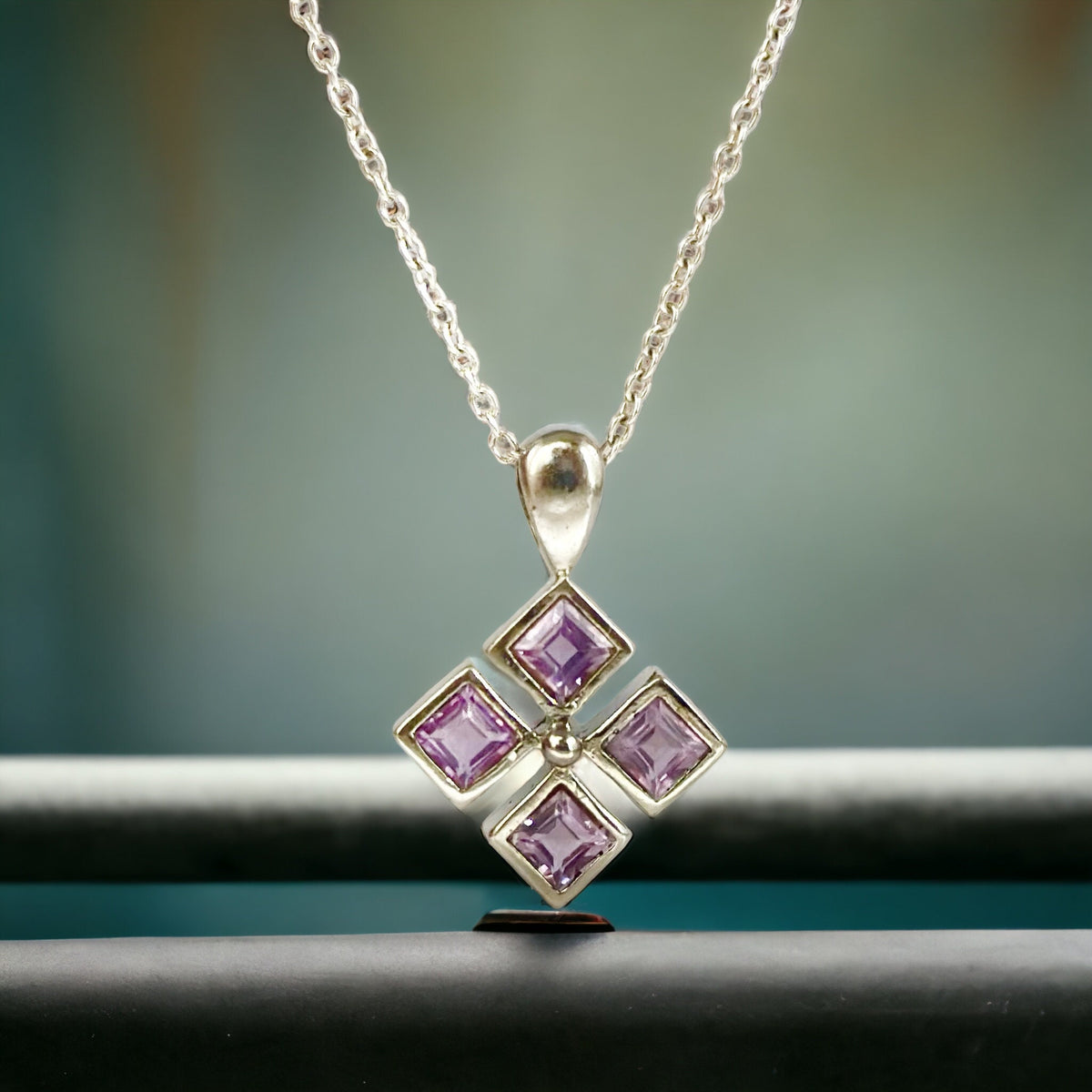 Natural Amethyst Pendant - Rhombus shaped Pendant - Floral Pendant -  Gift for Her - February Birthstone - Solid 925 Sterling Silver Pendant