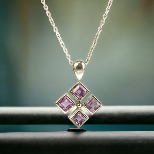 Natural Amethyst Pendant - Rhombus shaped Pendant - Floral Pendant -  Gift for Her - February Birthstone - Solid 925 Sterling Silver Pendant