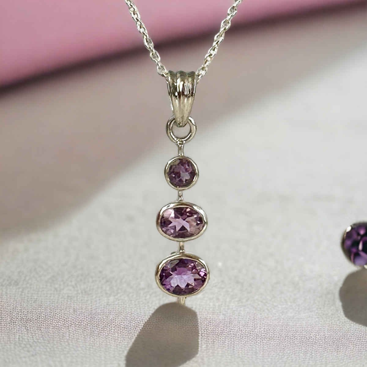 Natural Amethyst Pendant - Graduated Pendant - Sleek Pendant -  Gift for Her - February Birthstone - Solid 925 Sterling Silver Pendant