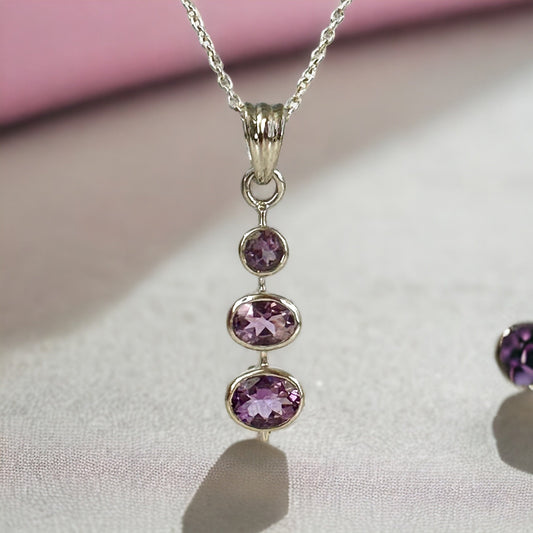 Natural Amethyst Pendant - Graduated Pendant - Sleek Pendant -  Gift for Her - February Birthstone - Solid 925 Sterling Silver Pendant