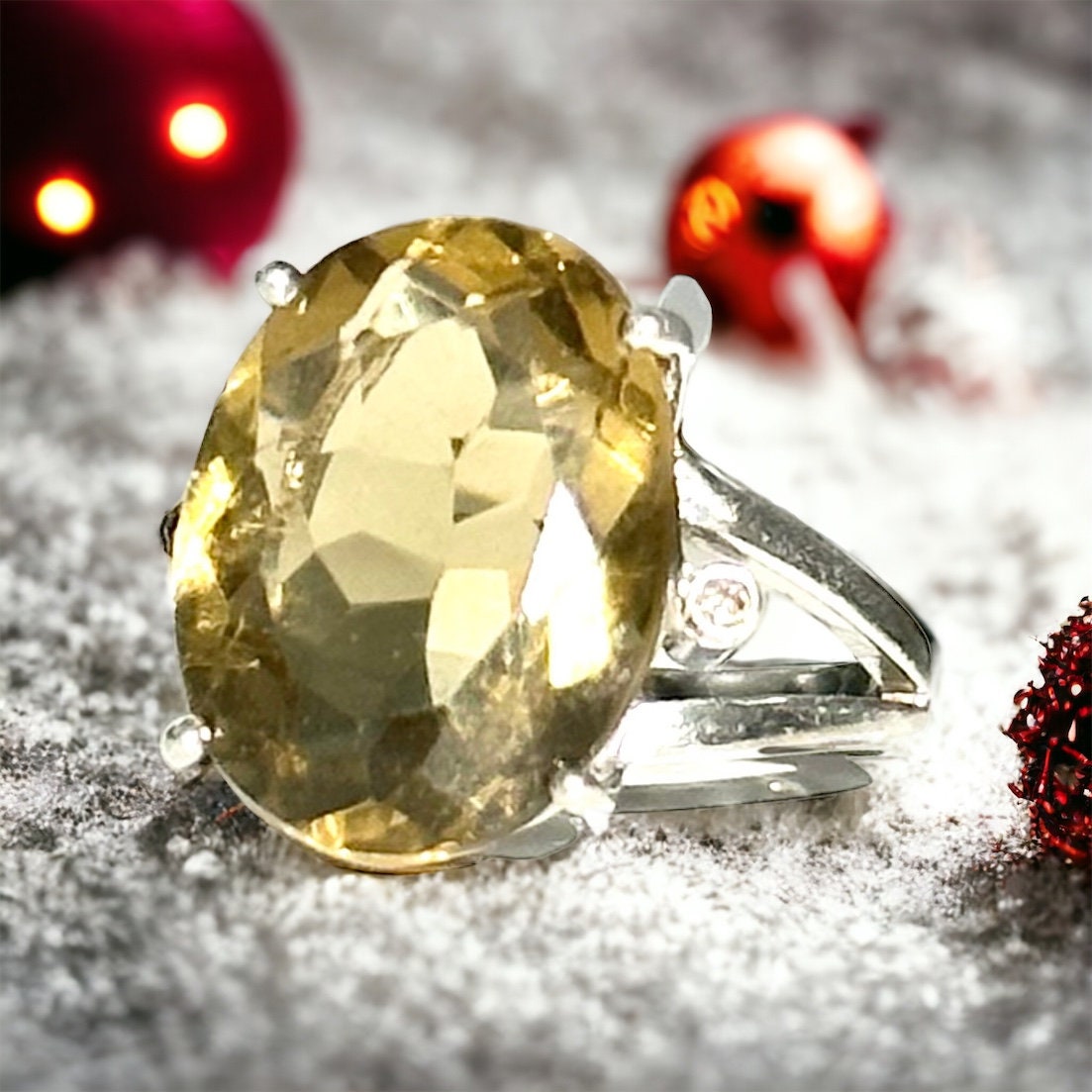 Natural Lemon Topaz and Diamond Ring - US 6.5 - Huge Gemstone Ring - Statement Ring - Gift for Her -Solid 925 Sterling Silver Ring