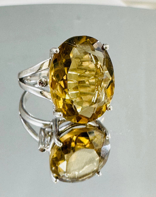 Natural Lemon Topaz and Diamond Ring - US 6.5 - Huge Gemstone Ring - Statement Ring - Gift for Her -Solid 925 Sterling Silver Ring