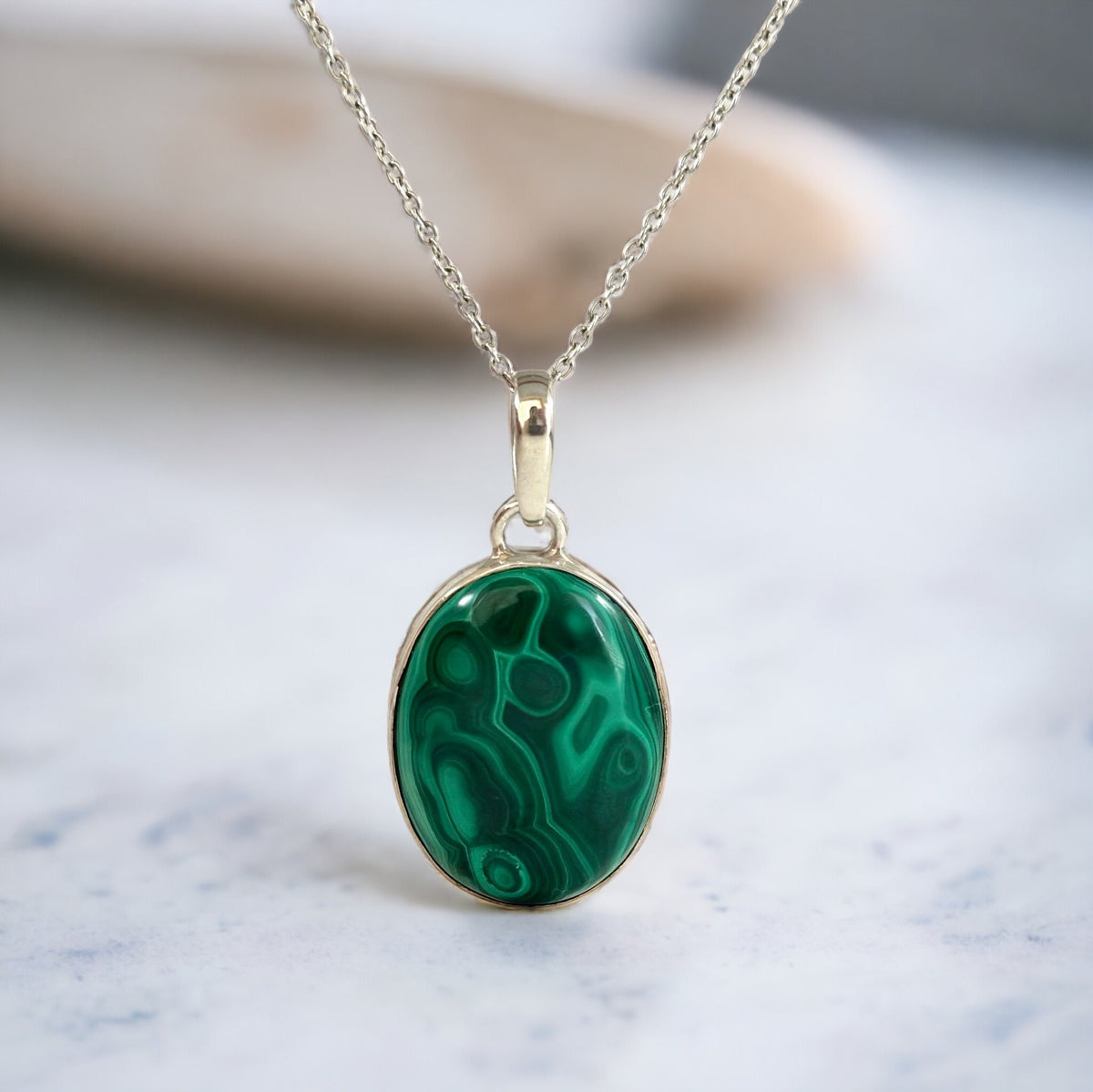 Natural High Quality Malachite Pendant - Beautiful Pattern Malachite - Oval Malachite Pendant - Unisex Pendant - Solid 925 Sterling Silver