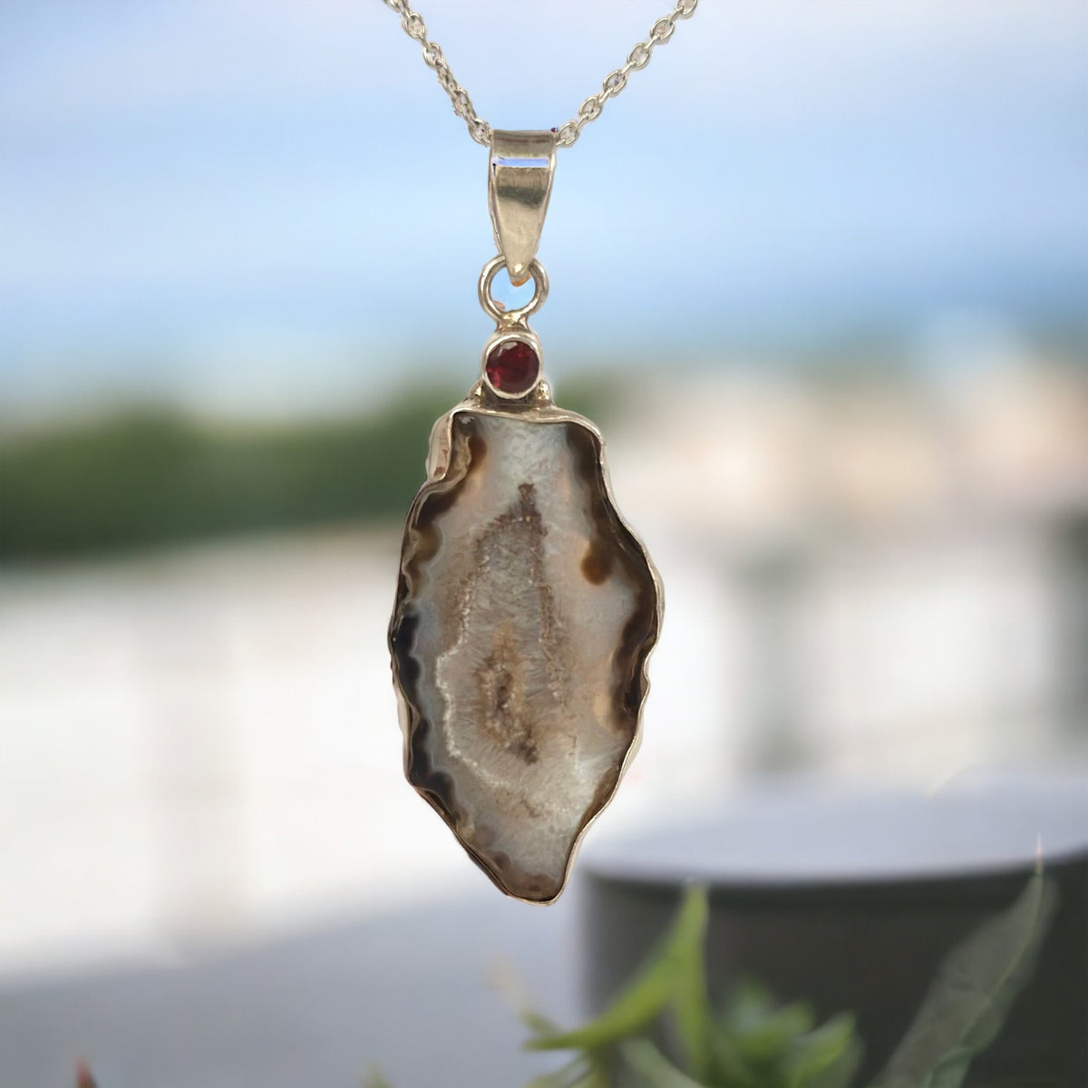 Natural Druzy Agate and Red Garnet Pendant - Druzy Pendant - Garnet Pendant - September Birthstone - Solid 925 Sterling Silver Pendant