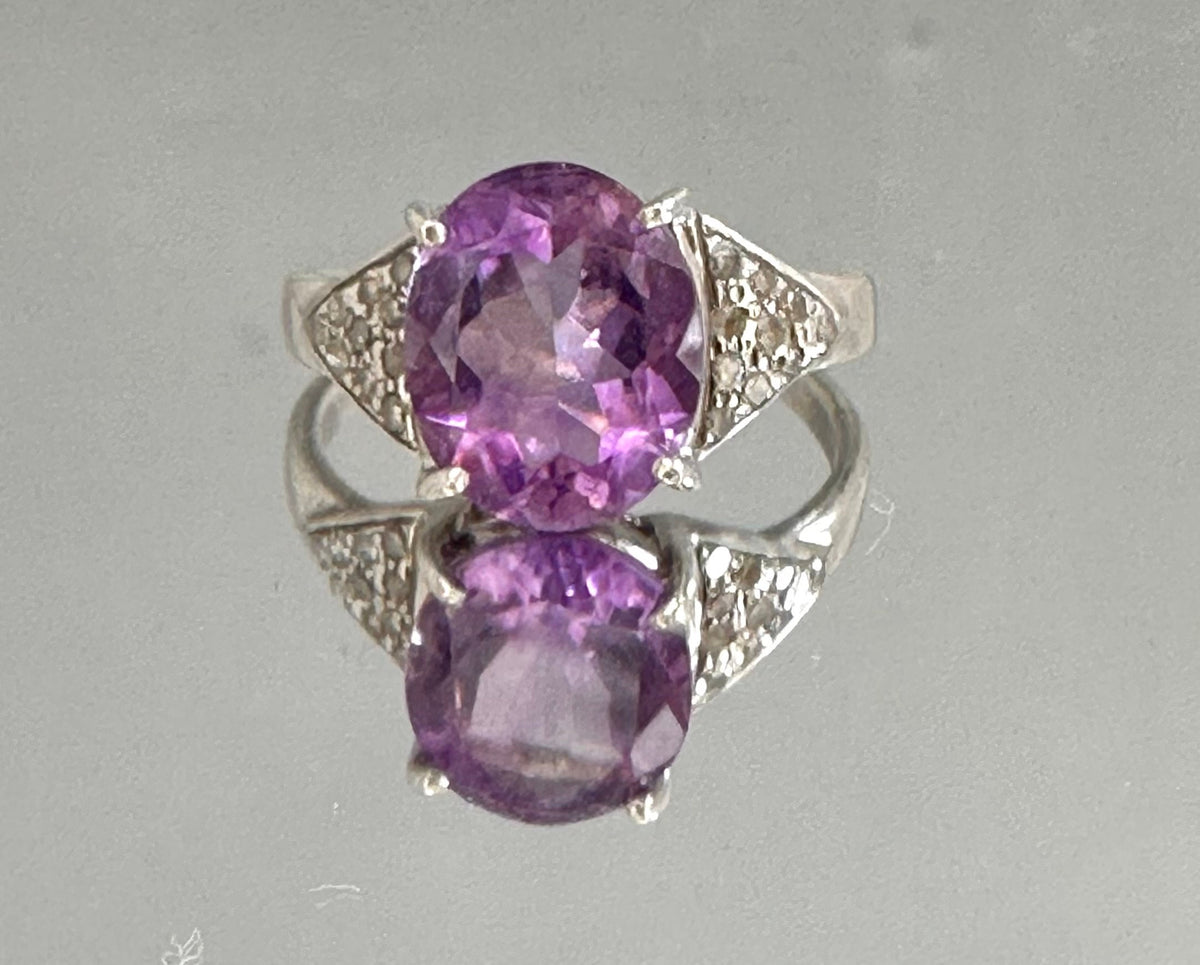 Natural Amethyst and Diamond Ring - Statement Ring - Gemstone Ring - February Birthstone - Size 6.25 Ring - Solid 925 Sterling Silver Ring