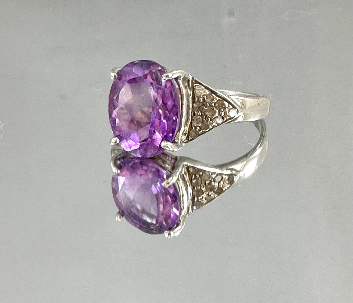 Natural Amethyst and Diamond Ring - Statement Ring - Gemstone Ring - February Birthstone - Size 6.25 Ring - Solid 925 Sterling Silver Ring