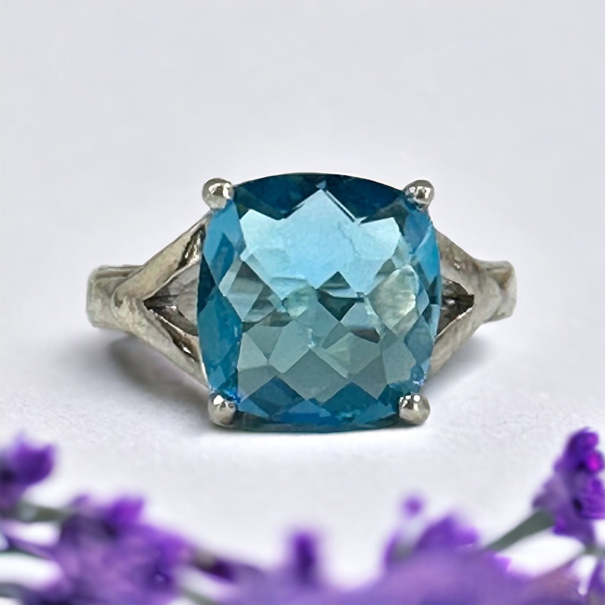 Genuine Swiss Blue Topaz Ring for Her - Cushion Cut Blue Topaz Ring - High Quality Blue Topaz - Size 6.75 Ring - Solid Sterling Silver Ring