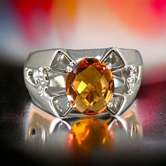 Genuine Madiera Citrine & Diamond Ring - US 8.0 - Statement Ring - Unisex Ring - Ring for Her - November Birthstone - Sterling Silver Ring