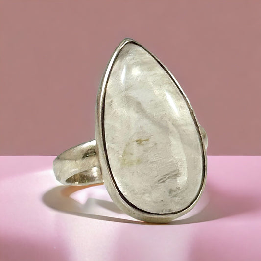 Genuine Moonstone Pear Shaped Ring - Size 6.75 Ring - June Birthstone - Ring for Her - Statement Ring - Solid 925 Sterling Silver Ring