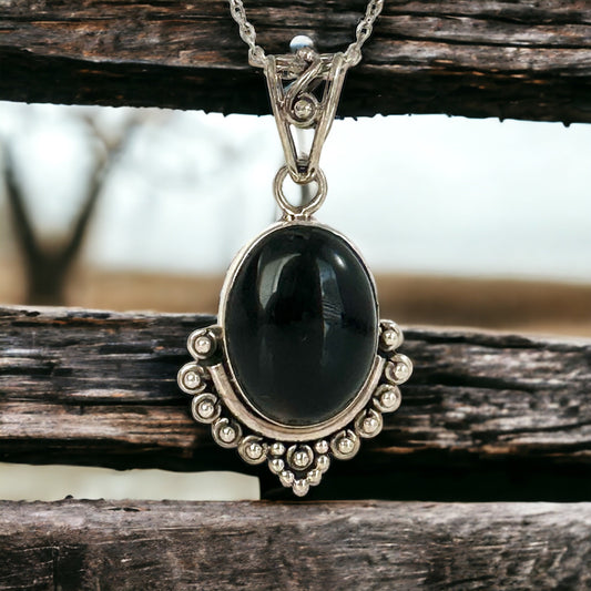 Genuine Black Onyx Silver Pendant - Exquisitely Crafted Pendant - Black Onyx Cabochon Pendant - Gift for Her - Solid Sterling Silver Pendant