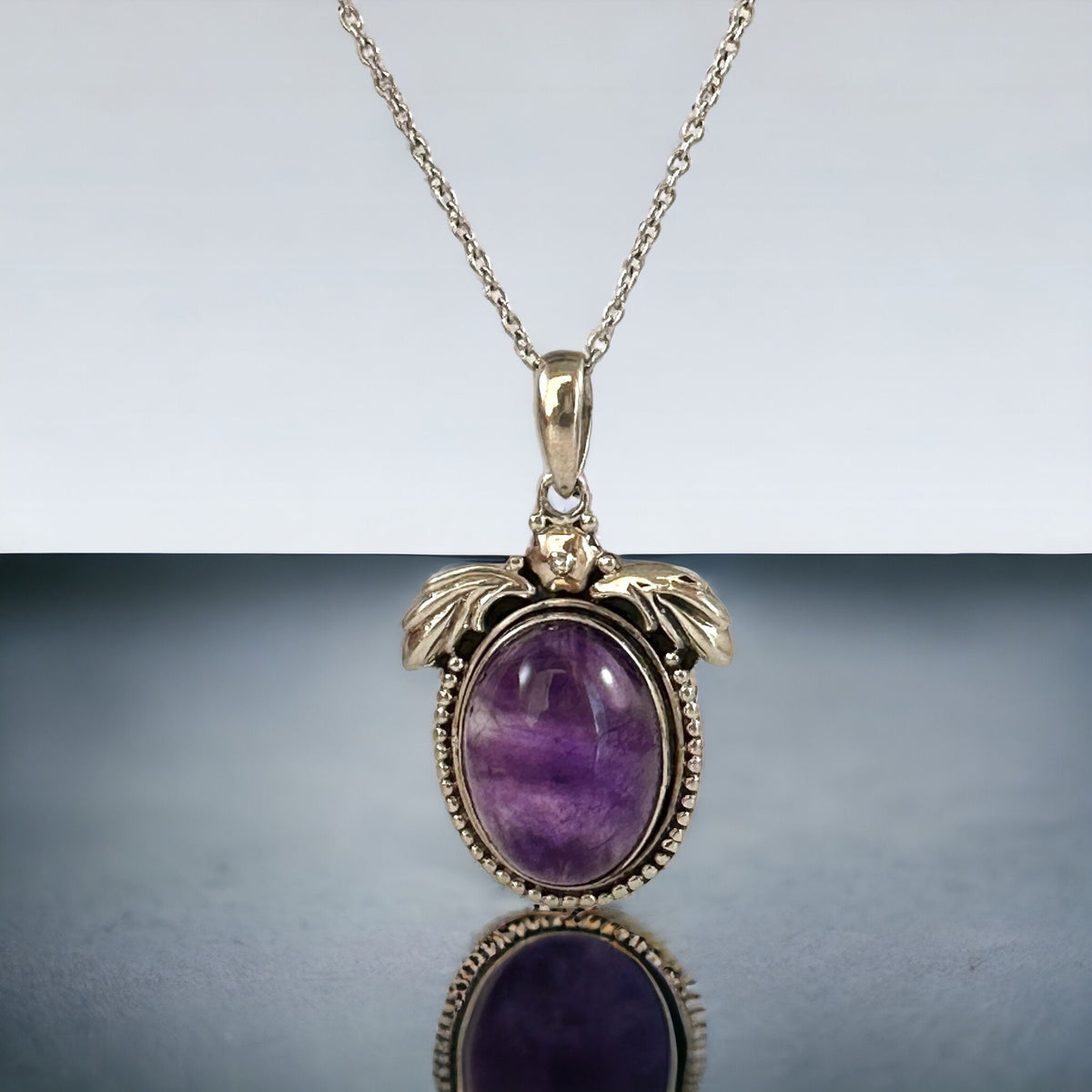 Genuine Amethyst Cabochon Pendant - Angel Wings Pendant - Angel Silver Pendant - February Birthstone - Solid 925 Sterling Silver Pendant