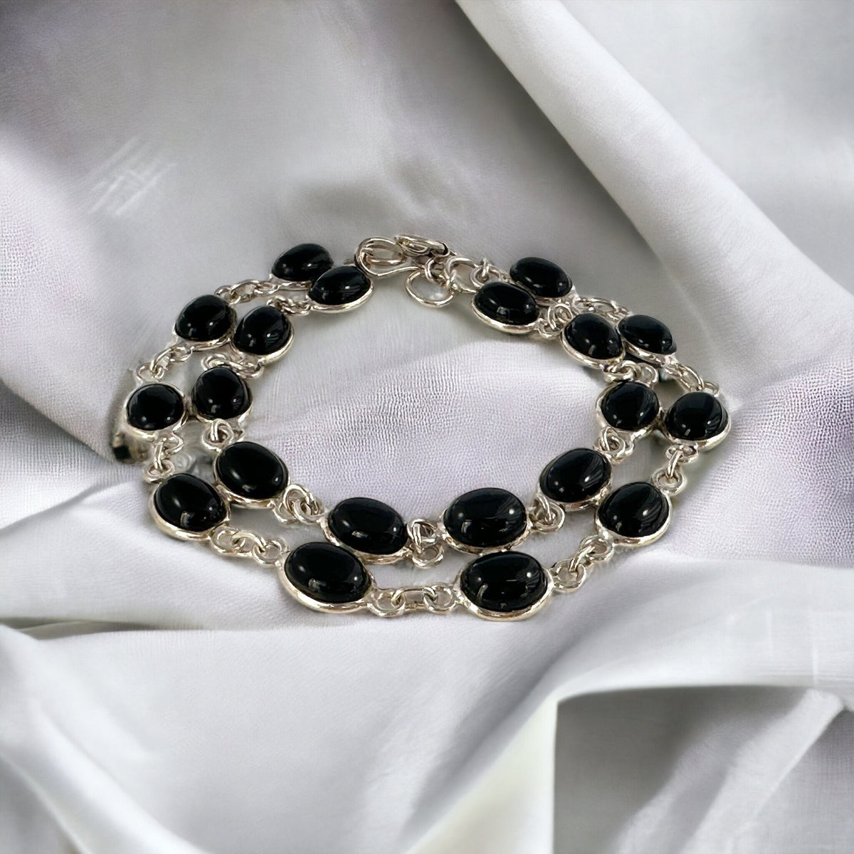 Genuine Black Onyx Silver Bracelet - Black Onyx Cabochon Bracelet -  Double Row Bracelet - Bracelet for Her - Solid Sterling Silver Bracelet