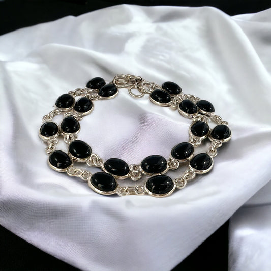 Genuine Black Onyx Silver Bracelet - Black Onyx Cabochon Bracelet -  Double Row Bracelet - Bracelet for Her - Solid Sterling Silver Bracelet