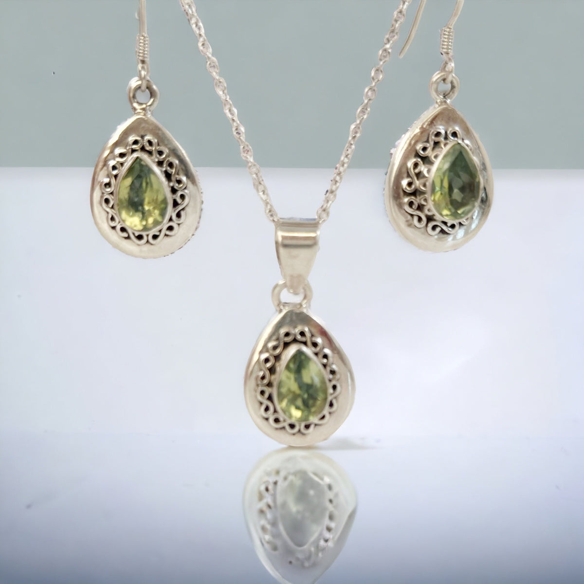 Genuine Peridot Earrings & Pendant Set with FREE Chain - Peridot Earrings - Peridot Pendant - August Birthstone - Solid Sterling Silver