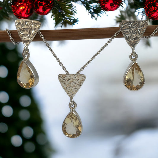 Genuine Citrine Earrings & Pendant Set with FREE Chain - Citrine Earrings - Citrine Pendant - November Birthstone - Solid Sterling Silver