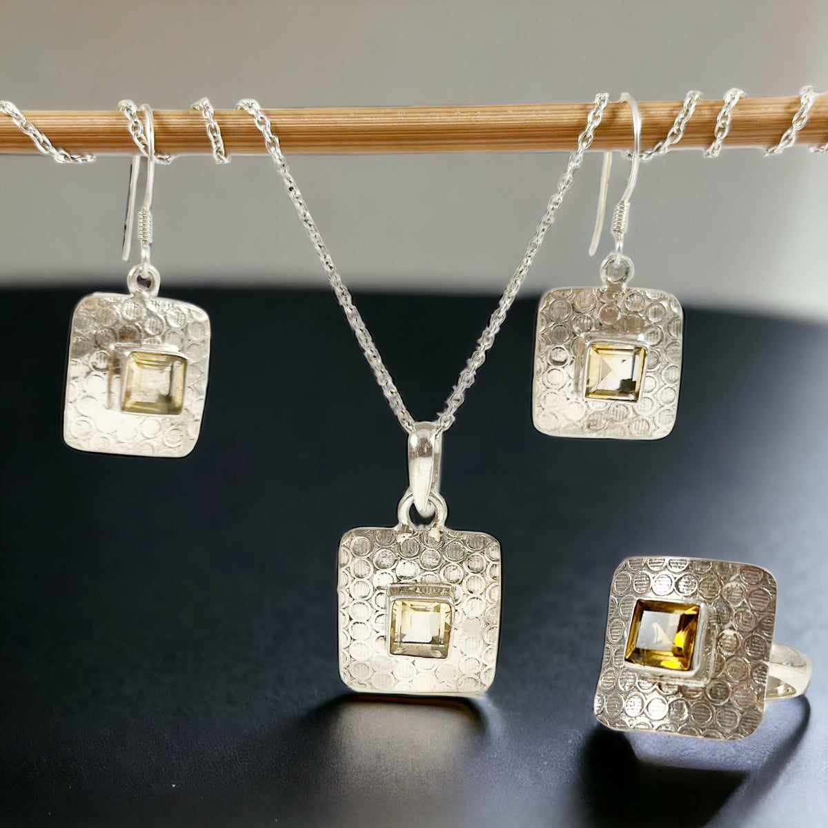 Genuine Citrine Earrings-Pendant-Ring Set with FREE Chain - Citrine Earrings - Citrine Pendant - November Birthstone - Solid 925 Silver