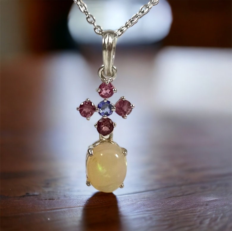 Genuine Opal, Tanzanite and Pink Topaz Earrings & Pendant Set with FREE Chain - October Birthstone - Solid Sterling Silver- Sold as a Set
