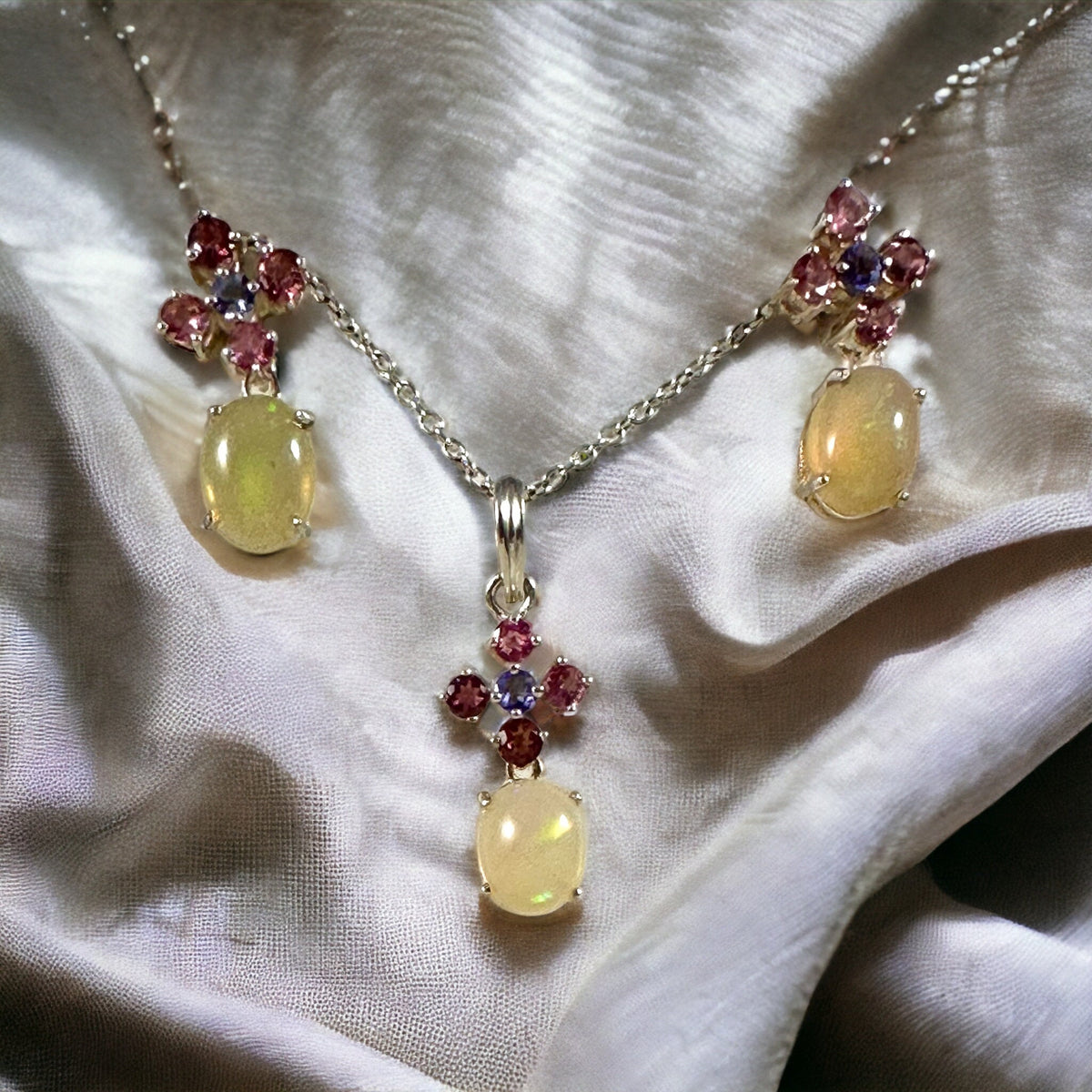Genuine Opal, Tanzanite and Pink Topaz Earrings & Pendant Set with FREE Chain - October Birthstone - Solid Sterling Silver- Sold as a Set