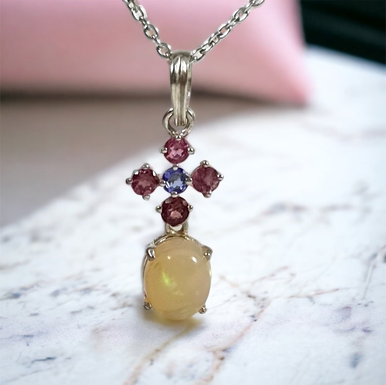 Genuine Opal, Tanzanite and Pink Topaz Earrings & Pendant Set with FREE Chain - October Birthstone - Solid Sterling Silver- Sold as a Set