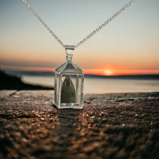 Unique Labradorite Lantern Pendant with Chain - One of a Kind Labradorite Flame Pendant - Ready to Ship - 925 Silver Pendant with Chain