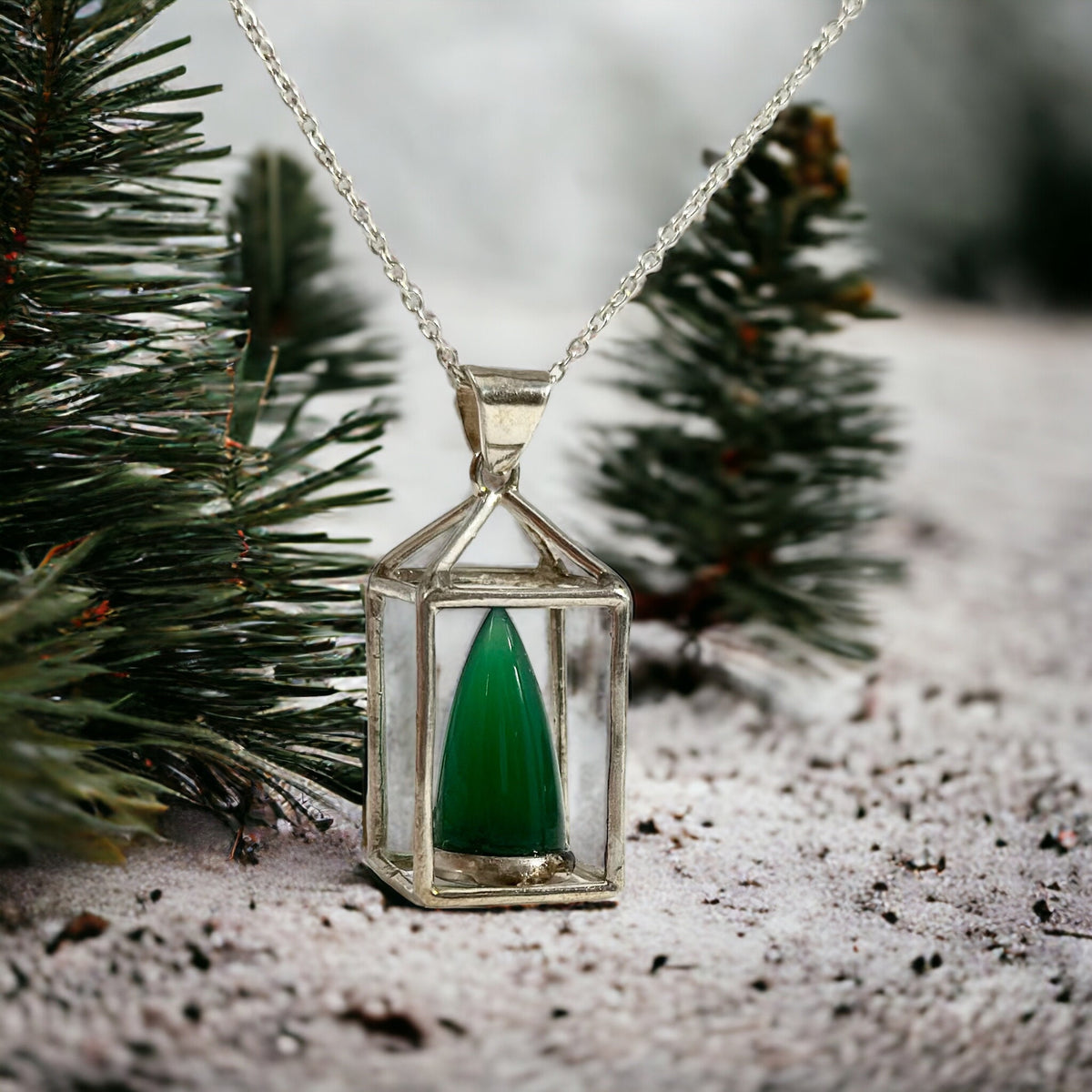 Unique Green Onyx Lantern Pendant with Chain - One of a Kind Onyx Flame Pendant - Ready to Ship - May Birthstone - 925 Silver Onyx Pendant