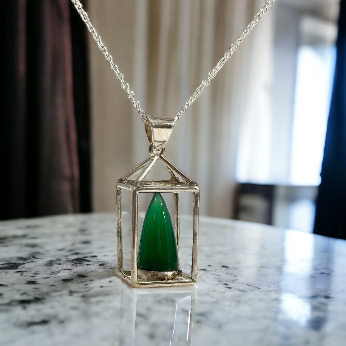 Unique Green Onyx Lantern Pendant with Chain - One of a Kind Onyx Flame Pendant - Ready to Ship - May Birthstone - 925 Silver Onyx Pendant