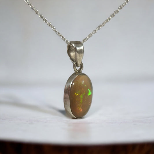 Natural Ethiopian Opal Pendant with Chain - Flashy Opal Pendant - Opal Necklace - Opal Pendant for Her - Solid 925 Sterling Silver Pendant