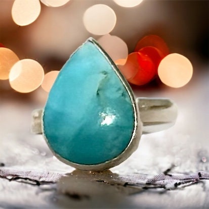 Pretty Genuine Larimar Ring - Pear-Shaped Larimar Ring -  US Size 7.0 Ring - Women's Larimar Ring - Solid 925 Sterling Silver Larimar Ring