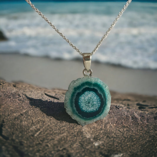Sea Blue Gemstone Pendant with Free Chain - Green Agate Pendant - Druzy Pendant - Rough Gemstone Pendant -  Unisex Pendant - June Birthstone