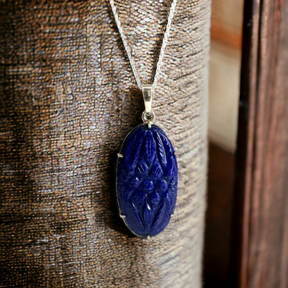 Natural Lapis Lazuli Carved Pendant - Floral Carved Pendant - December Birthstone - Gift for Her - Solid 925 Sterling Silver Pendant
