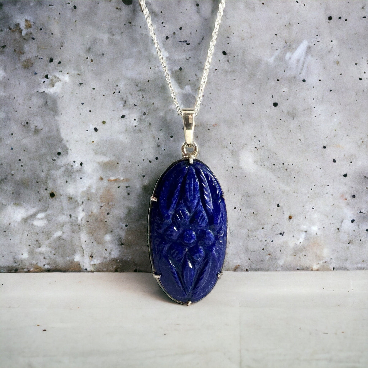 Natural Lapis Lazuli Carved Pendant - Floral Carved Pendant - December Birthstone - Gift for Her - Solid 925 Sterling Silver Pendant