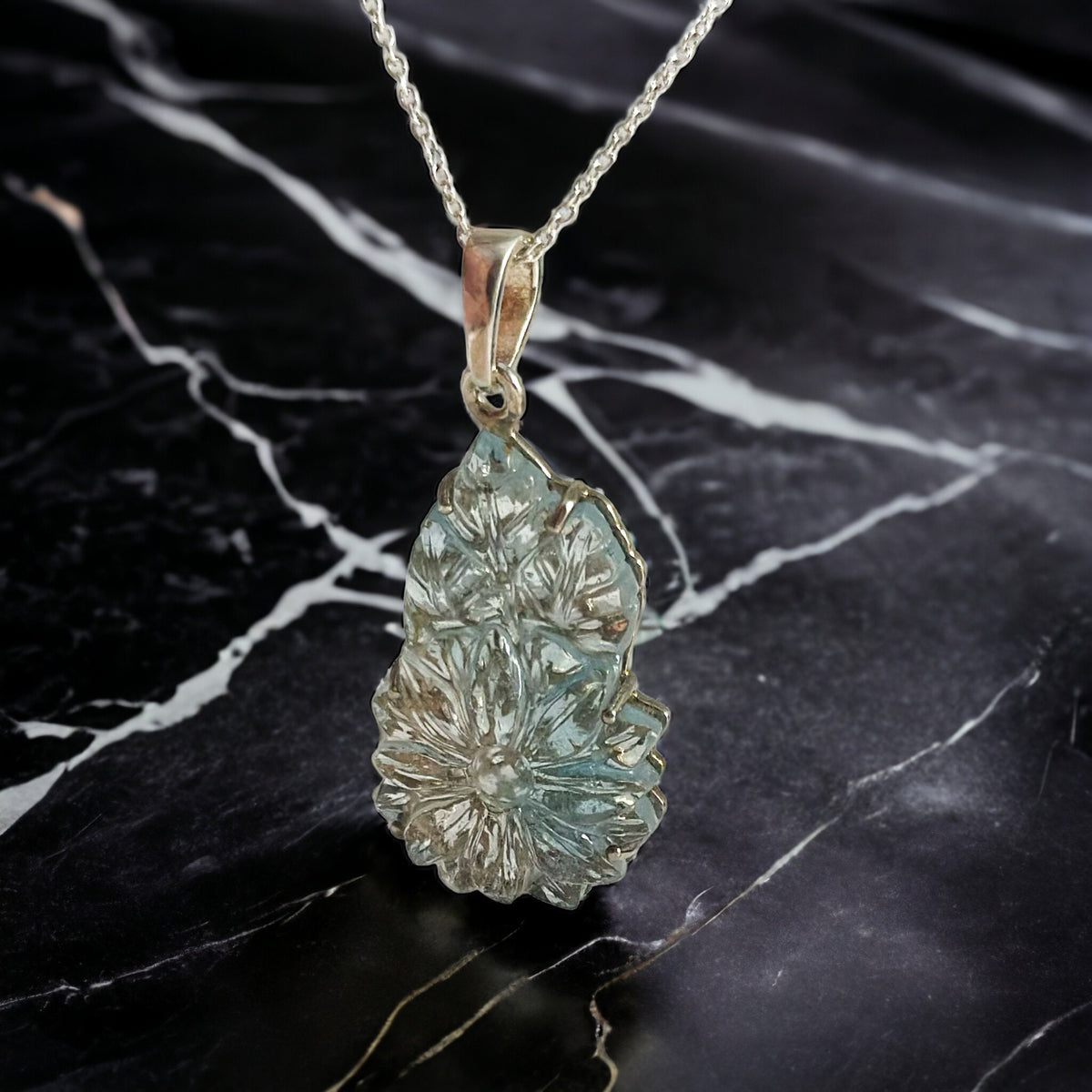 Genuine Blue Topaz Pendant - Pendant with chain- Carved Gemstone Pendant- Gift for Her - December Birthstone - Solid 925 Sterling Silver