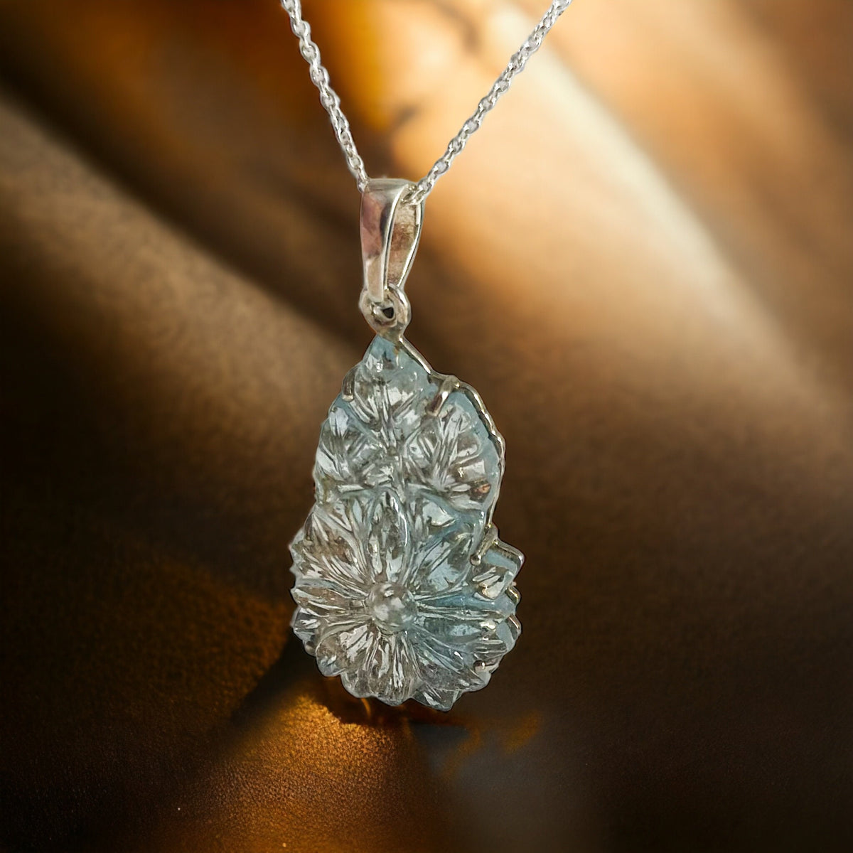 Genuine Blue Topaz Pendant - Pendant with chain- Carved Gemstone Pendant- Gift for Her - December Birthstone - Solid 925 Sterling Silver
