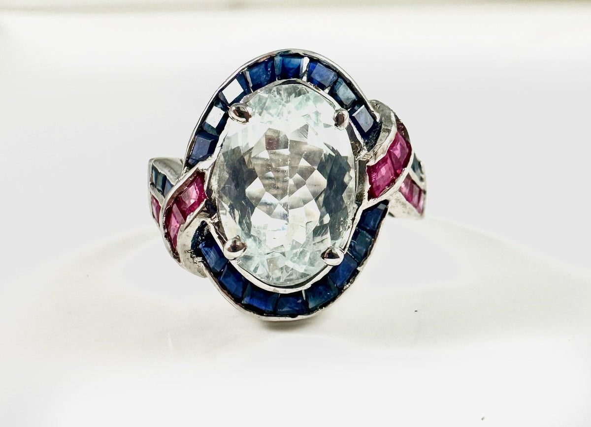 Natural Aquamarine Ring with Rubies & Sapphires - US 7.25 - Aquamarine Ring - Ruby Sapphire Ring - March Birthstone - Sterling Silver Ring