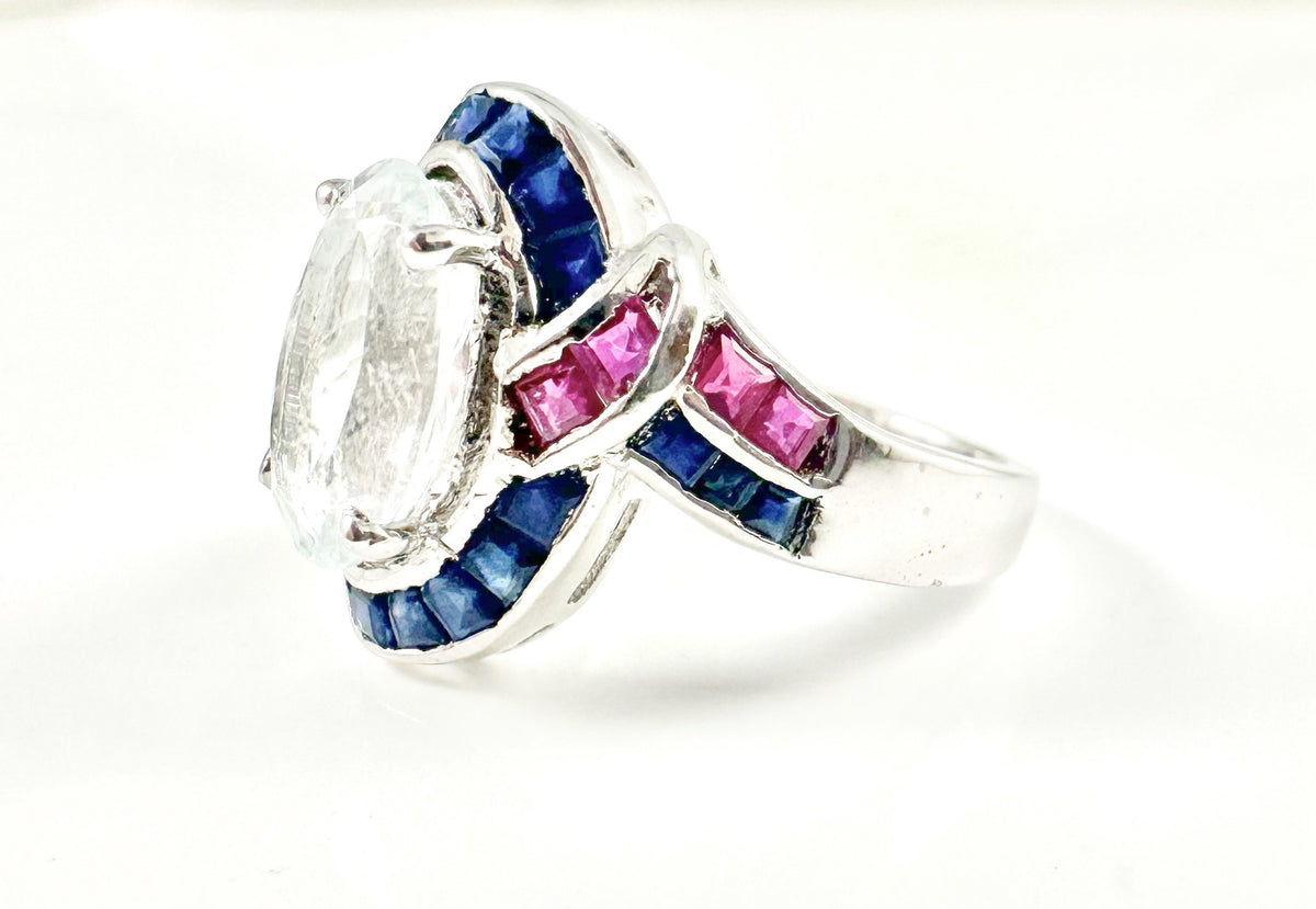 Natural Aquamarine Ring with Rubies & Sapphires - US 7.25 - Aquamarine Ring - Ruby Sapphire Ring - March Birthstone - Sterling Silver Ring
