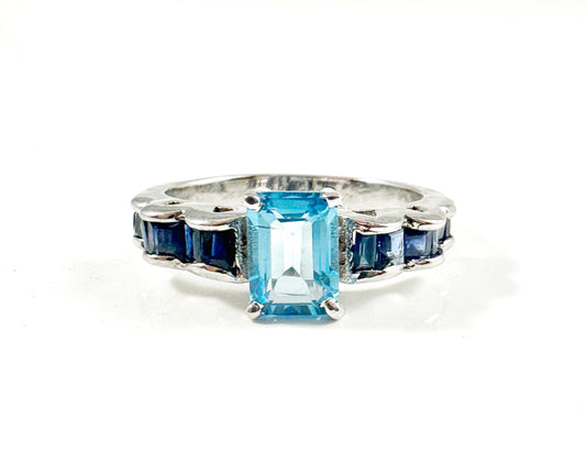 Natural Blue Topaz & Sapphire Ring - US 6.75 - Blue Topaz Ring - Sapphire Ring - September Birthstone - November Gemstone - 925 Silver Ring