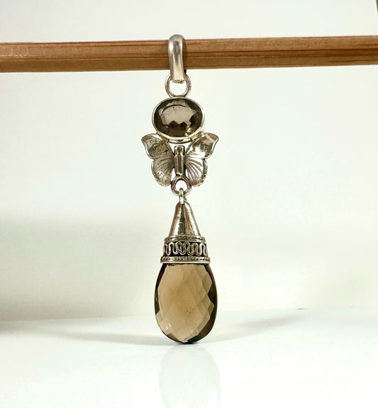 Natural Smoky Topaz Pendant - Tear drop Pendant - Butterfly Pendant - Long Pendant - Gift for Her - Solid 925 Sterling Silver Pendant