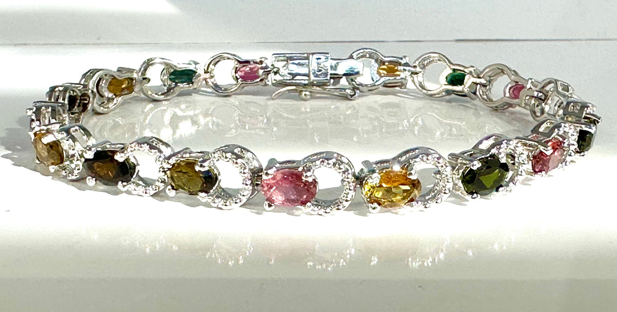 Natural Multi-Tourmaline Bracelet - Stunning Bracelet - Sleek Link Bracelet - Multi Gemstone Bracelet - Solid 925 Sterling Silver Bracelet