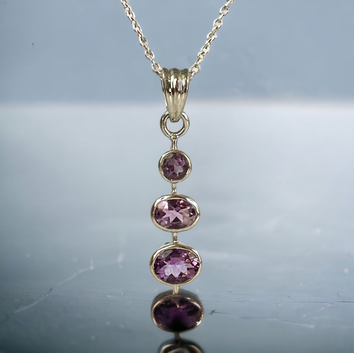 Natural Amethyst Pendant - Graduated Pendant - Sleek Pendant -  Gift for Her - February Birthstone - Solid 925 Sterling Silver Pendant