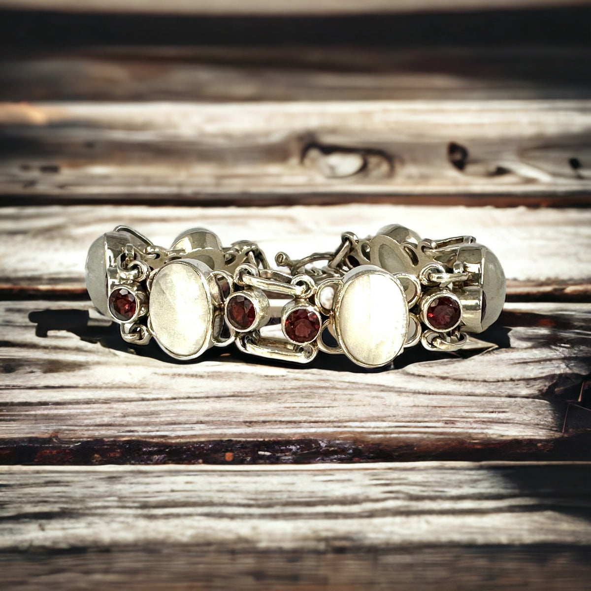 Natural Moonstone & Red Garnet Bracelet - Stunning Bracelet - June Birthstone - January Birthstone - Solid 925 Sterling Silver Bracelet