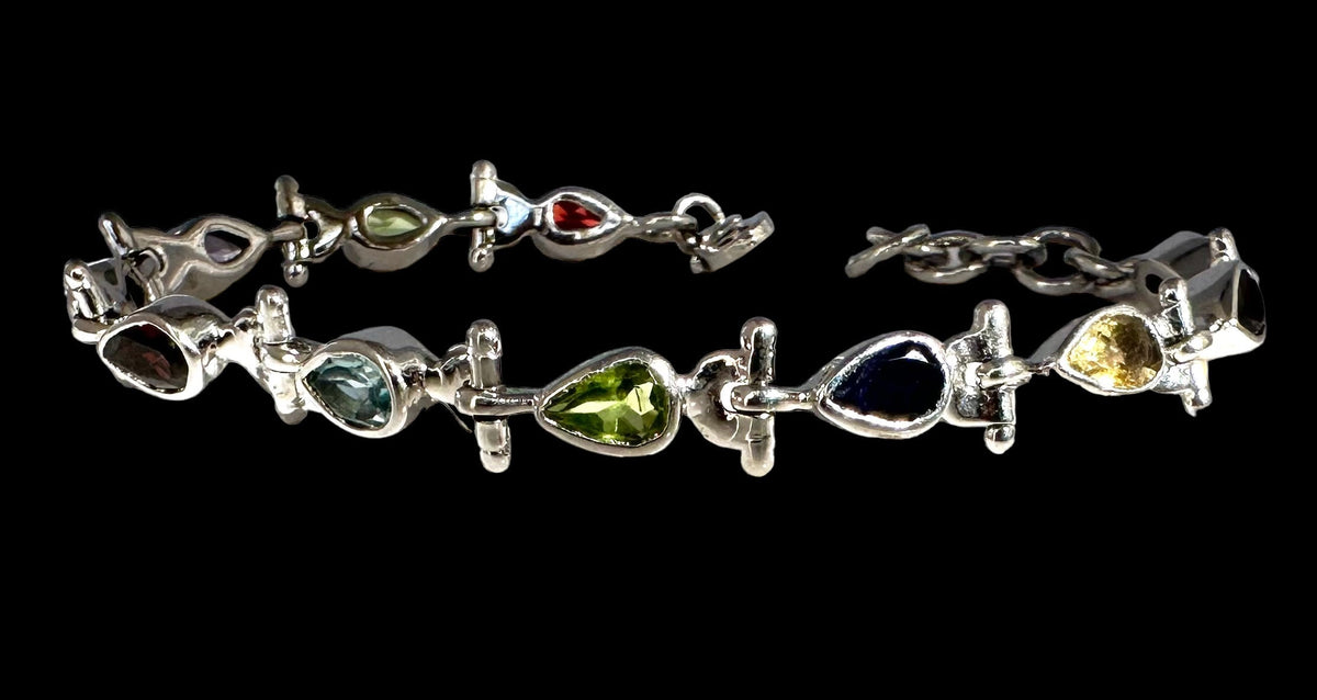 Natural Multi-stone Bracelet - Garnet, Amethyst, Citrine, Blue Topaz, Peridot Bracelet - Gift for Her - Solid 925 Sterling Silver Bracelet
