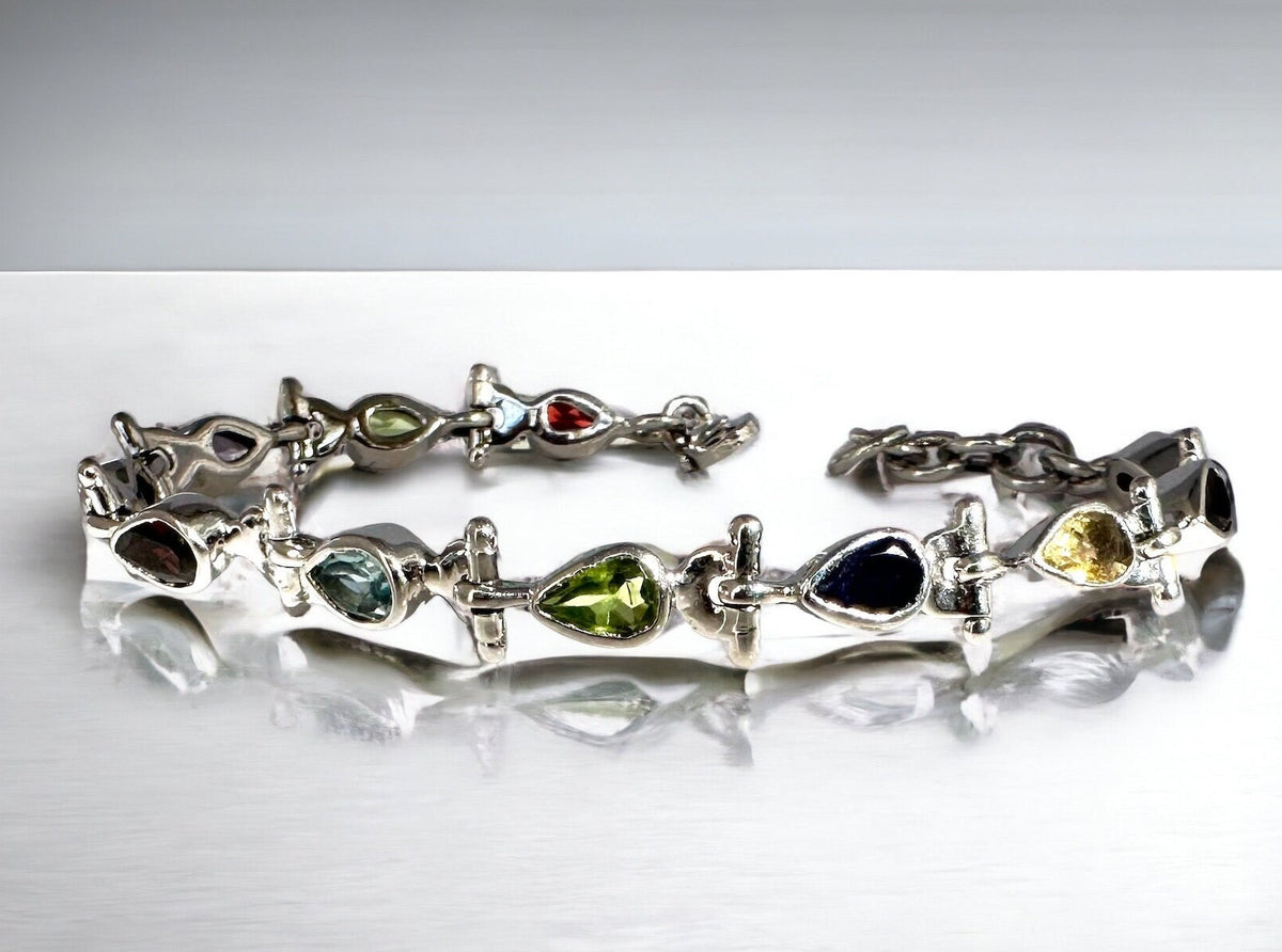Natural Multi-stone Bracelet - Garnet, Amethyst, Citrine, Blue Topaz, Peridot Bracelet - Gift for Her - Solid 925 Sterling Silver Bracelet