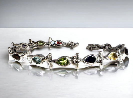 Natural Multi-stone Bracelet - Garnet, Amethyst, Citrine, Blue Topaz, Peridot Bracelet - Gift for Her - Solid 925 Sterling Silver Bracelet