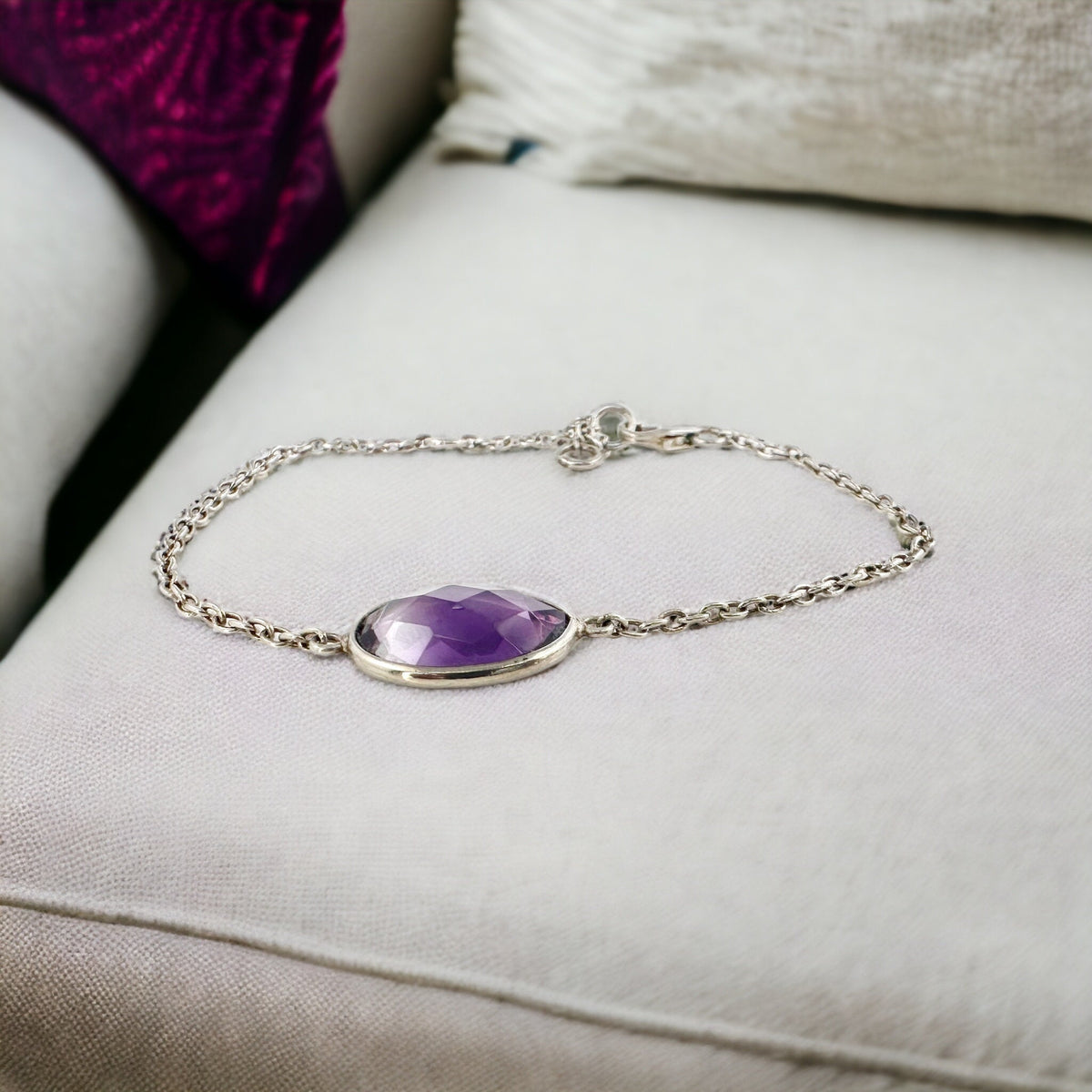 Dainty Natural Amethyst Silver Chain Bracelet - Dainty Bracelet - Amethyst Bracelet - February Birthstone - Solid Sterling Silver Bracelet