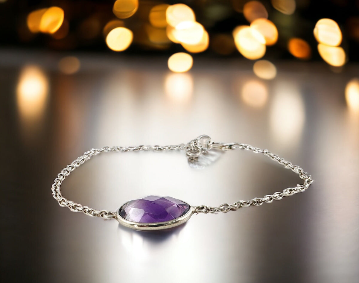 Dainty Natural Amethyst Silver Chain Bracelet - Dainty Bracelet - Amethyst Bracelet - February Birthstone - Solid Sterling Silver Bracelet