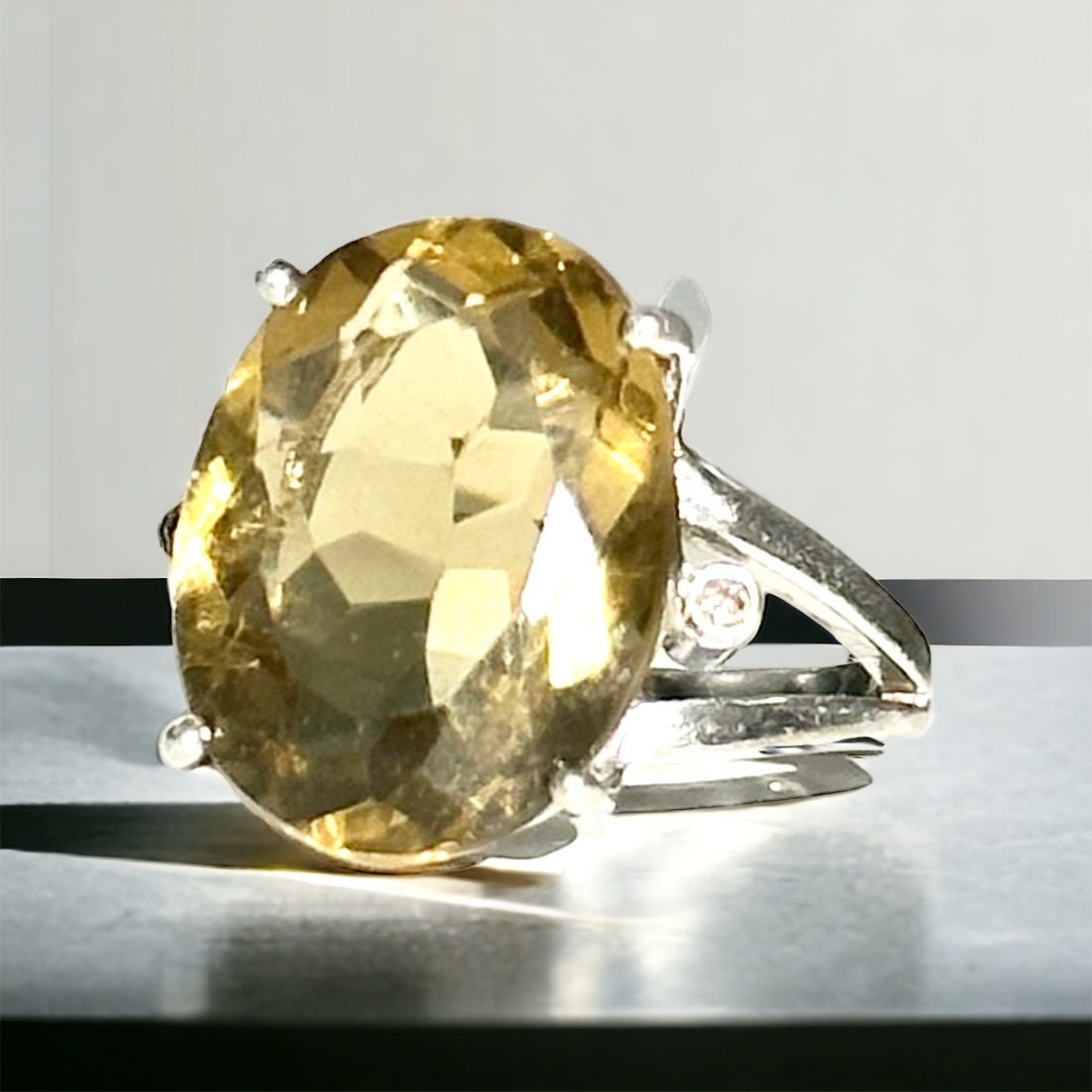 Natural Lemon Topaz and Diamond Ring - US 6.5 - Huge Gemstone Ring - Statement Ring - Gift for Her -Solid 925 Sterling Silver Ring